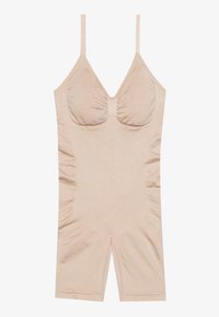 Nude, fitted bodysuit with adjustable straps, ruched side details, and molded cups. Soft, stretchy fabric with a smooth texture.