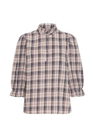 Gumbast tičasti srajce s visokim ovratnikom, ki prikazuje bež, mornarsko modre in rjave karirane vzorce. Puff rokavi z elastičnimi manšeti. Mehka tkanina.