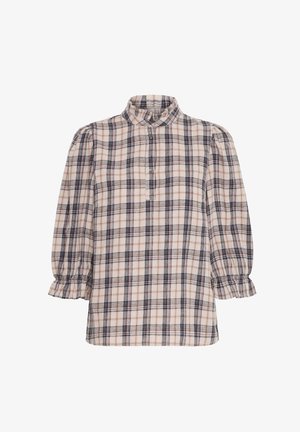 Gumbast tičasti srajce s visokim ovratnikom, ki prikazuje bež, mornarsko modre in rjave karirane vzorce. Puff rokavi z elastičnimi manšeti. Mehka tkanina.