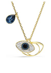 Colar de ouro com um pendente em forma de olho, adornado com pedras azuis e transparentes, e um detalhe de gema azul em forma de lágrima na corrente.