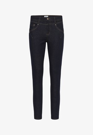 Ciemnoniebieskie dżinsowe rurki z żółtymi przeszyciami, pięcioma kieszeniami, zapięciem na guziki z przodu oraz gładkim, lekko teksturowanym wykończeniem.