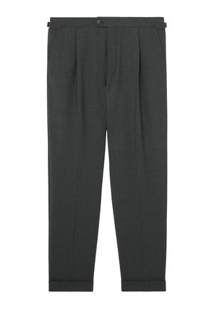 Dark gray tailored trousers with pleats, side adjuster straps, front button closure, side pockets, and cuffed hems.