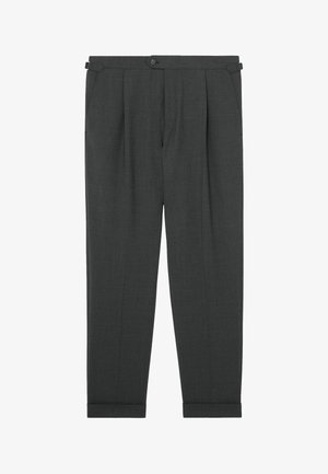 Dark gray tailored trousers with pleats, side adjuster straps, front button closure, side pockets, and cuffed hems.