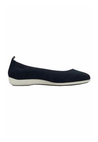 Navy blue suede ballet flat with a rounded toe, a low white rubber sole, and a textured grip pattern on the bottom.