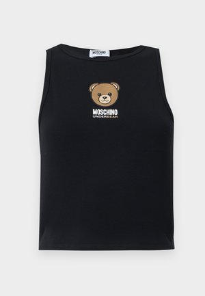 Schwarzes ärmelloses Tanktop mit einem zentrierten Teddybär-Gesicht und dem Schriftzug „MOSCHINO UNDERBEAR“ darunter.