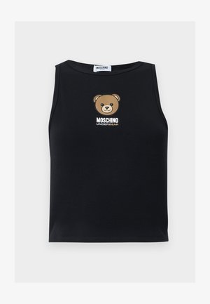 Černý tílko bez rukávů se středově umístěnou tváří medvídka a textem "MOSCHINO UNDERBEAR" pod ní.