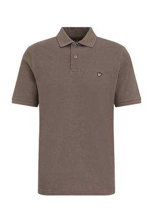 Brązowa koszulka polo z bawełny z kołnierzykiem, krótkimi rękawami, plisą na trzy guziki oraz małe haftowane logo na lewej piersi.