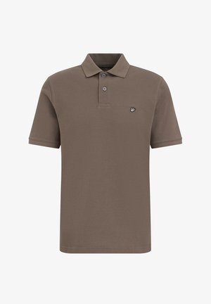 Hnědá bavlněná polokošile s límečkem, krátkými rukávy, tříknoflíkovou légou a malým vyšitým logem na levé straně hrudi.