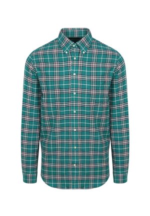 Green plaid button-up shirt featuring a collar, long sleeves, and white and black accents in a cotton fabric. Front button closure.