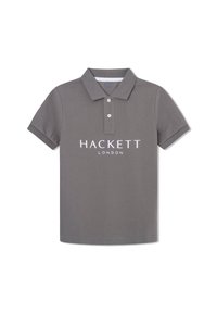Polo grigio con colletto, dotato di due bottoni e un logo bianco "HACKETT LONDON" sul petto. Realizzato in tessuto testurizzato.
