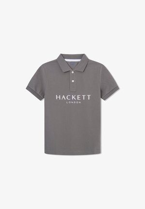 Graues Poloshirt mit Kragen, ausgestattet mit zwei Knöpfen und einem weißen "HACKETT LONDON"-Logo über der Brust. Hergestellt aus strukturiertem Stoff.