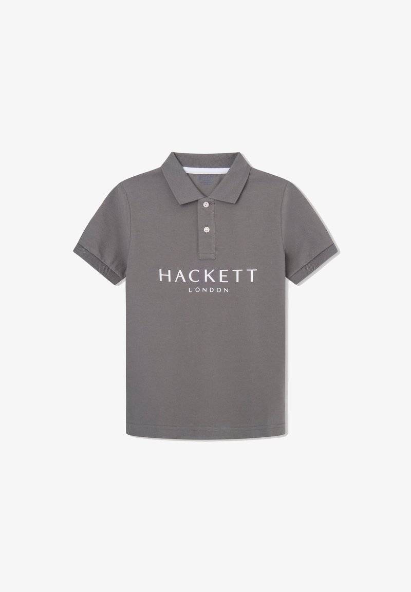 Polo grigio con colletto, dotato di due bottoni e un logo bianco "HACKETT LONDON" sul petto. Realizzato in tessuto testurizzato.