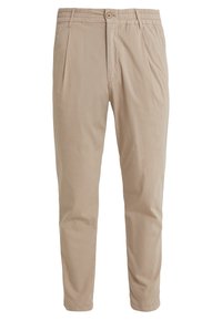 Beżowe bawełniane spodnie z elastyczną talią, przednimi fałdami i pojedynczym zapięciem na guzik. Prosty krój nogawek o gładkiej fakturze.