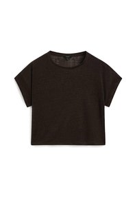 T-shirt court marron foncé à manches courtes avec un col rond, présenté sur un fond blanc.