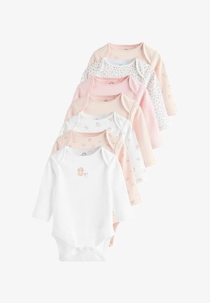Ensemble de six bodies pour bébé, variant entre rose clair et blanc, ornés de motifs floraux et d'un design de lapin, fabriqués en coton doux.