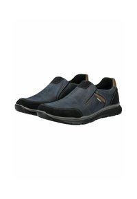Blue leather slip-on shoes with black suede accents, contrasting stitching, flexible rubber sole, and small logo detail on the side.