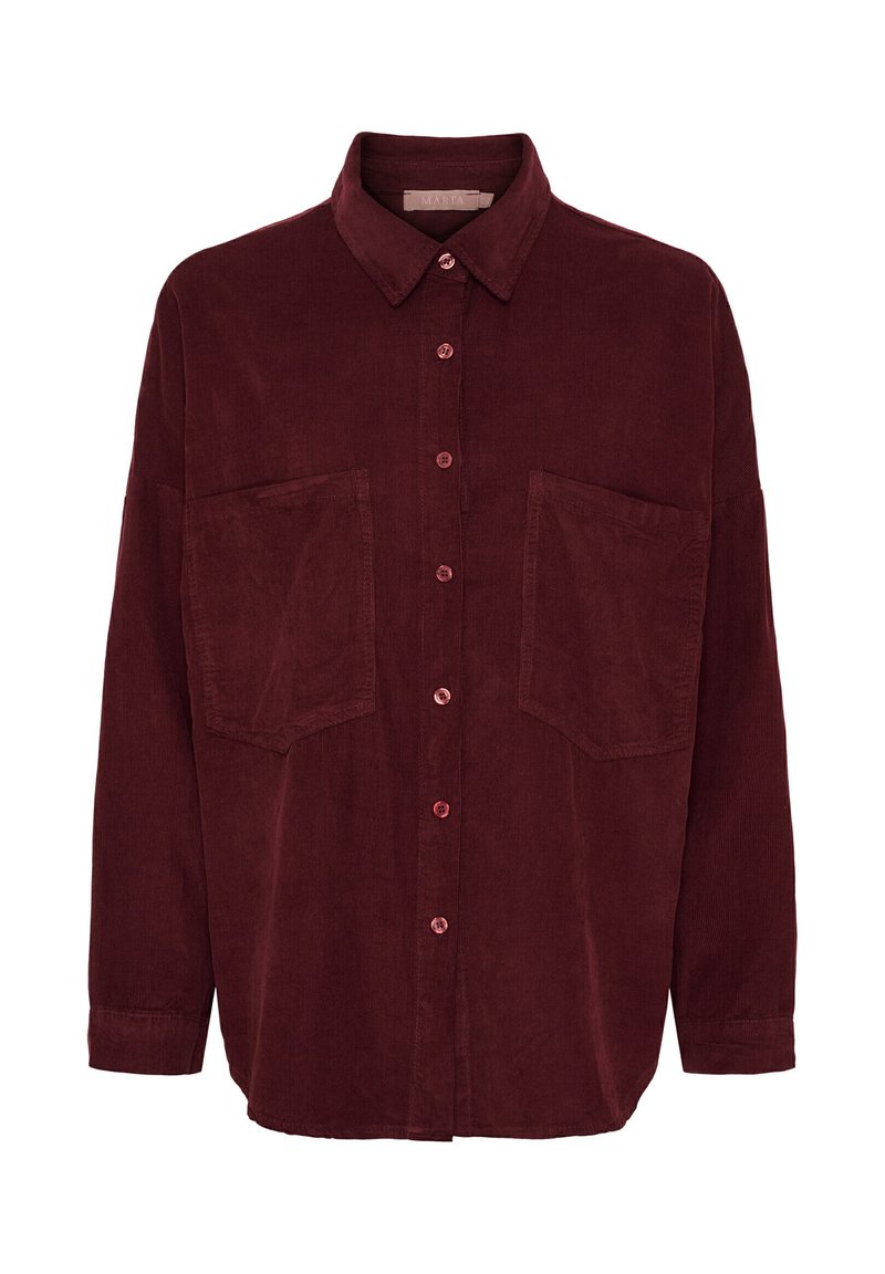 Burgundy kordflorskjorta med krage, framknäppning och två bröstfickor; har långa ärmar och en avslappnad passform.