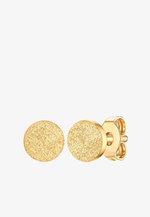 Pendientes de botón circulares en tono dorado con una superficie texturizada y brillante. Diseño clásico con cierre de poste seguro.