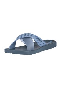 Blaue Gummischlittschuhe mit einem geflochtenen Riemendesign und einer strukturierten Fußbett für besseren Halt. Flache Sohle mit leichter Fußgewölbeunterstützung, minimalistischer Stil.
