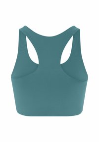 Türkizkék versenyhátraspontos sportmelltartó széles pántokkal és varrás nélküli kialakítással, hátulnézetben fehér háttér előtt.