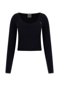 Schwarzer, kurz geschnittener Pullover mit langen Ärmeln, gerippter Struktur und einem runden Ausschnitt. Verfügt über ein kleines Logo auf der linken Schulter.