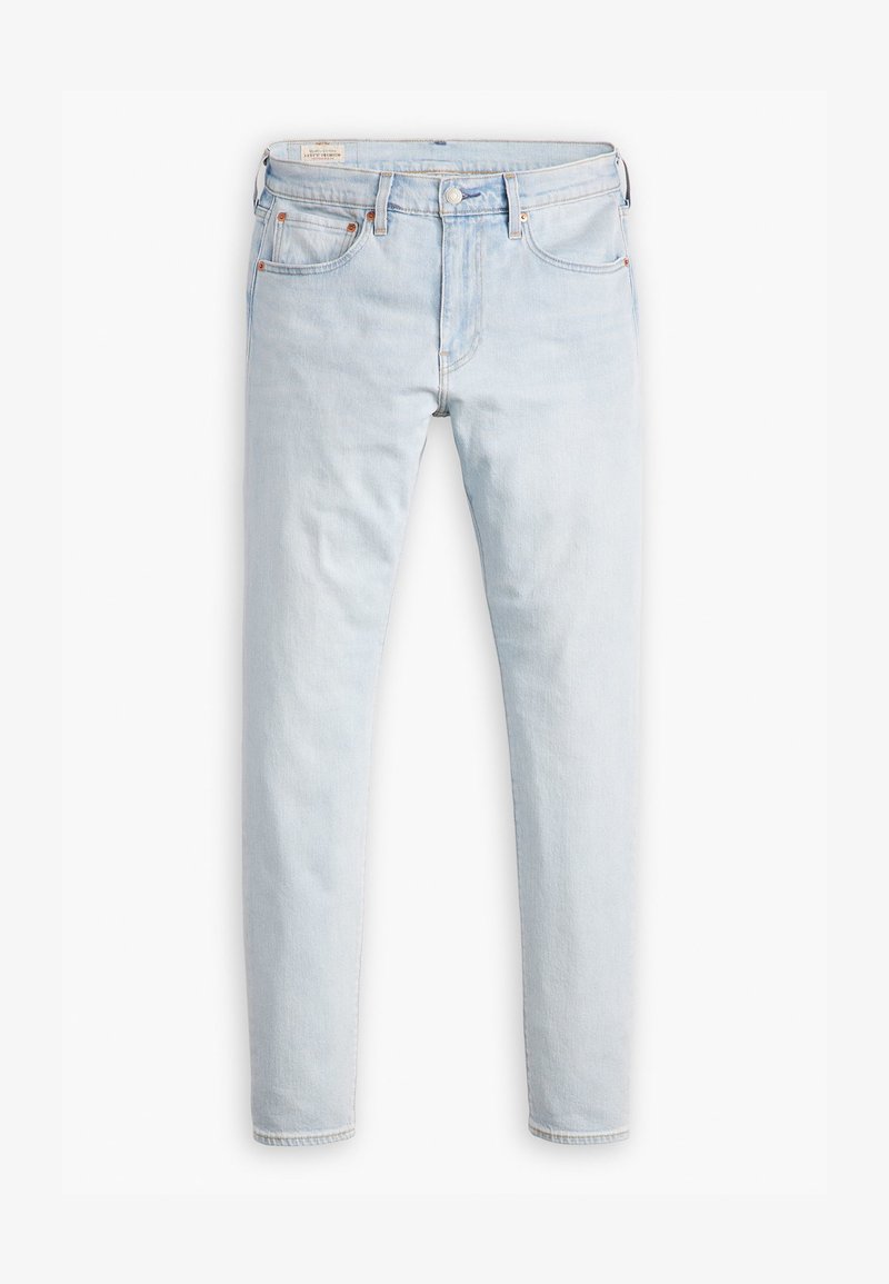 Light blue denim jeans with a straight cut, five-pocket design, and metal button. Features subtle whiskering and a soft, smooth texture.
