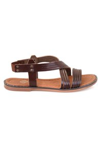 Braune Leder Sandale mit mehreren Riemen-Designs, einer gepolsterten Innensohle und einer flachen Sohle, die entlang des Randes mit dekorativen Nähten versehen ist.