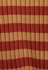 Gros plan sur un tissu en tricot côtelé avec de larges rayures horizontales alternant entre rouge rouille et beige.