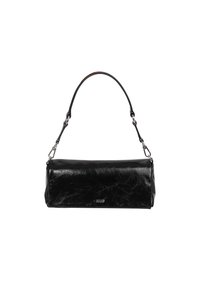 Black faux leather handbag with a rounded shape, featuring a curved shoulder strap and silver hardware accents. Textured surface detail visible.