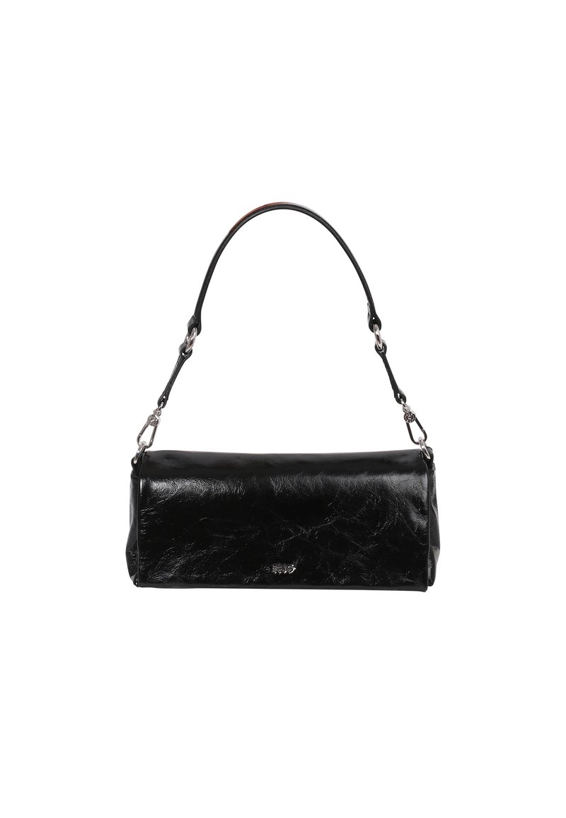 Black faux leather handbag with a rounded shape, featuring a curved shoulder strap and silver hardware accents. Textured surface detail visible.