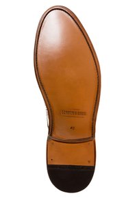 Sole di scarpa in pelle marrone con finitura lucida; punta rotonda, cuciture visibili e dettagli del logo in rilievo. Taglia 41 indicata.