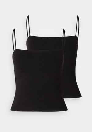 Débardeurs noirs avec de fines bretelles, en tissu lisse et extensible, présentant une silhouette ajustée. Pack de deux.