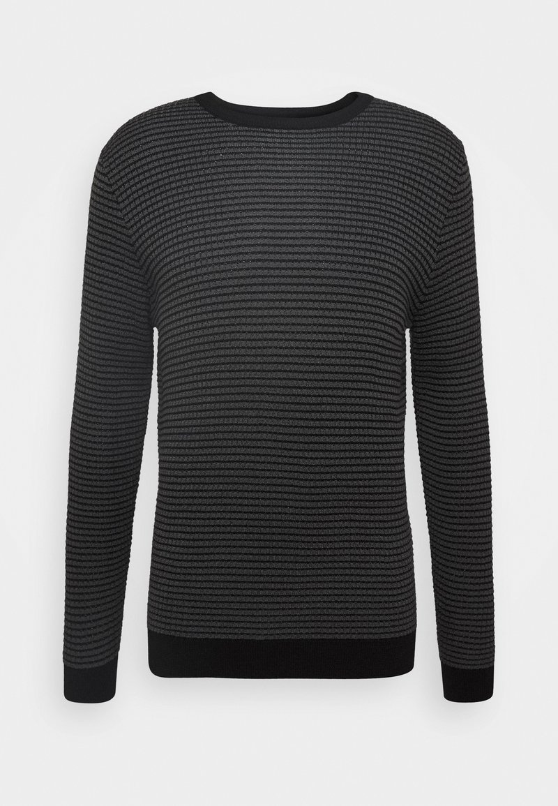 Pull à manches longues texturé noir et gris foncé avec un motif côtelé horizontal et un col, des poignets et un ourlet noirs unis.