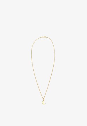 Kuldne kaelakee, millel on õrn kuu kujuline ripats. Sellel on õhuke, läikiv disain ja klamber.