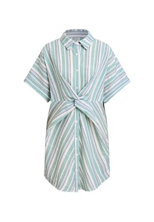 Koszula na guziki w paski w jasnym odcieniu turkusu i kremu, z krótkimi rękawami, kołnierzykiem oraz wiązaniem w talii podkreślającym dopasowaną sylwetkę.