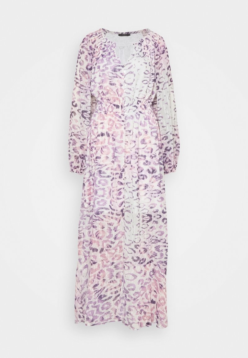 Robe longue fluide avec manches longues et taille élastique, présentant un motif abstrait de léopard pastel rose et violet.