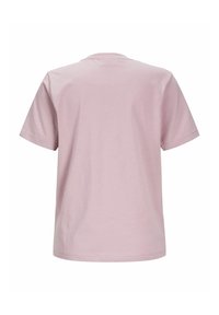 T-shirt a maniche corte di colore rosa chiaro, in cotone, vestibilità rilassata, scollo rotondo, texture liscia, senza motivi o decorazioni visibili.