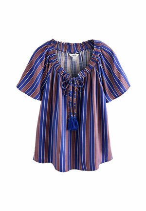 Blue and mauve short-sleeve blouse with vertical stripes, ruffled neckline, and front tie with tassels.