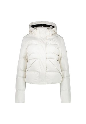 Veste doudoune blanche cropped avec capuche, présentant un extérieur lisse et brillant, deux poches avant et une fermeture à glissière.