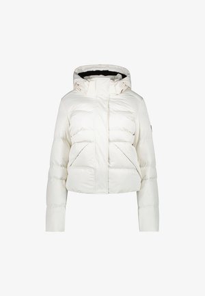 Veste doudoune blanche cropped avec capuche, présentant un extérieur lisse et brillant, deux poches avant et une fermeture à glissière.