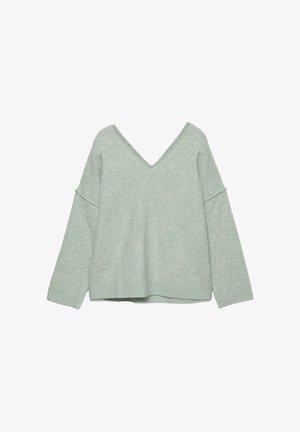 Maglione lavorato a maglia verde chiaro con scollatura a V ampia, maniche lunghe e orlo a coste. Morbido al tatto e vestibilità comoda con cuciture sulle spalle scese.