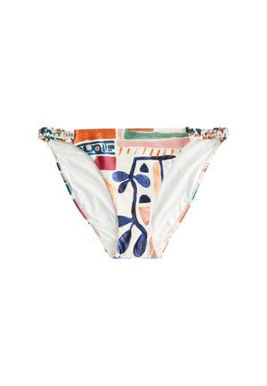 Bikini bottom with multicolor abstract geometric and botanical patterns, featuring braided side straps.