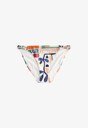 Bikini bottom with multicolor abstract geometric and botanical patterns, featuring braided side straps.