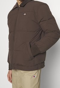 Brązowa ocieplana kurtka z zapięciem na zamek błyskawiczny i ściągaczami na rękawach. Posiada kołnierz z sztruksu oraz boczne kieszenie z logo na piersi.