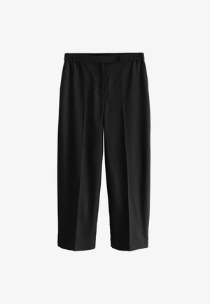 Black wide-leg trousers with an elastic waistband, featuring a single button closure and a smooth, lightweight fabric.