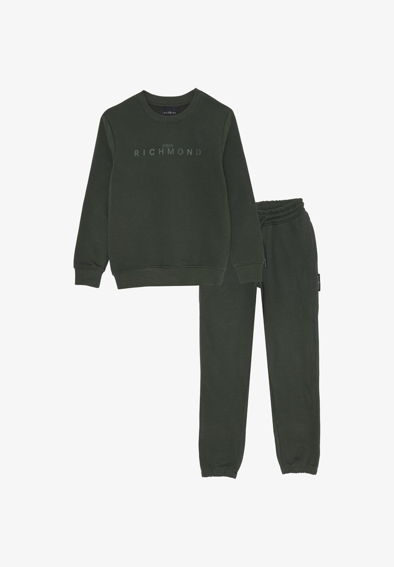 Felpa verde scuro e pantaloni sportivi abbinati con polsini elasticizzati e logo "John Richmond" sul petto della felpa.