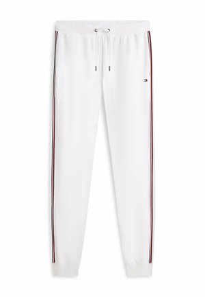 Weiße Jogginghosen mit roten und schwarzen Seitenstreifen, elastischem Bund mit Kordelzug und kleinem Logo auf dem rechten Oberschenkel.