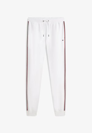 Weiße Jogginghosen mit roten und schwarzen Seitenstreifen, elastischem Bund mit Kordelzug und kleinem Logo auf dem rechten Oberschenkel.