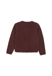 Burgunderfarbener Strickpullover mit Rundhalsausschnitt, langen Ärmeln und gerippten Bündchen und Saum. Glatte Textur und lässige Passform. Keine sichtbaren Designmuster.