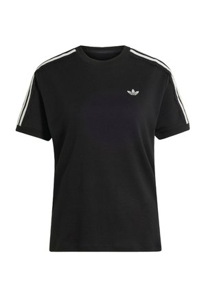 Schwarzes Kurzarm-T-Shirt mit weißem Adidas-Logo auf der linken Brust und weißen Streifen, die über die Schultern und Ärmel verlaufen.